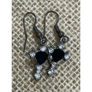 Silver Tone Heart Earrings Dangle Hook Black Rhinestones Estate Find